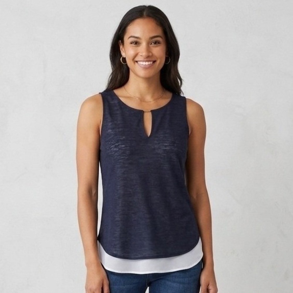Crosby Navy Blue Layered Tank Top with Rhinestone Keyhole‎ Detail Size M